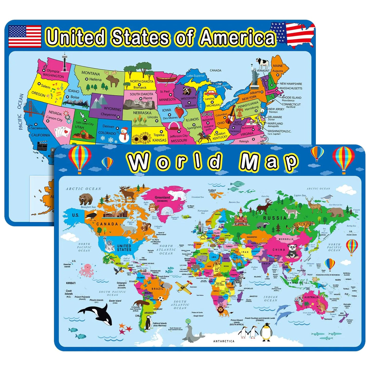 Patelai 2 Pcs Educational Placemats Learning Kids World Map United States Map Placemats Washable Kids Placemats Reusable Non Slip Placemats for Nursery Homeschool Kindergarten Classroom Supplies