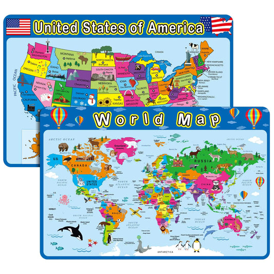 Patelai 2 Pcs Educational Placemats Learning Kids World Map United States Map Placemats Washable Kids Placemats Reusable Non Slip Placemats for Nursery Homeschool Kindergarten Classroom Supplies
